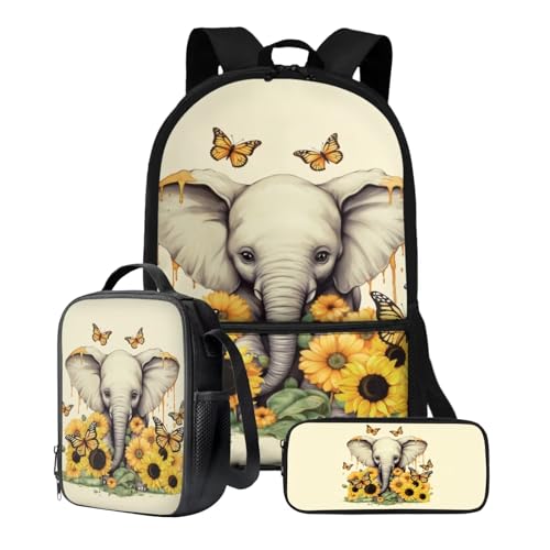 Xoenoiee Büchertasche + Lunchbox + Federmäppchen für Studenten, 43,2 cm, große Schultasche, Rucksack-Set für Jungen und Mädchen, 3-teilig, Elefant, Sonnenblume, Schmetterling von Xoenoiee