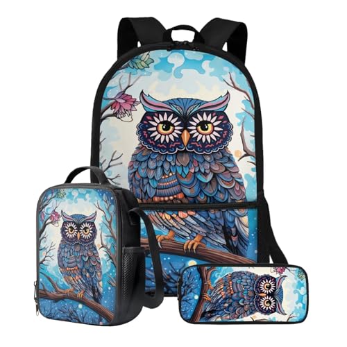 Xoenoiee Büchertasche + Lunchbox + Federmäppchen für Studenten, 43,2 cm, große Schultasche, Rucksack-Set für Jungen und Mädchen, 3-teilig, Eule Blau von Xoenoiee