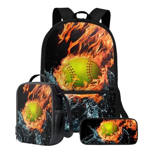 Xoenoiee Büchertasche + Lunchbox + Federmäppchen für Studenten, 43,2 cm, große Schultasche, Rucksack-Set für Jungen und Mädchen, 3-teilig, Feuerwasser-Softball von Xoenoiee