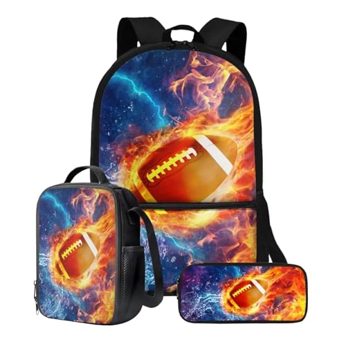 Xoenoiee Büchertasche + Lunchbox + Federmäppchen für Studenten, 43,2 cm, große Schultasche, Rucksack-Set für Jungen und Mädchen, 3-teilig, Fire Water American Football Galaxy von Xoenoiee