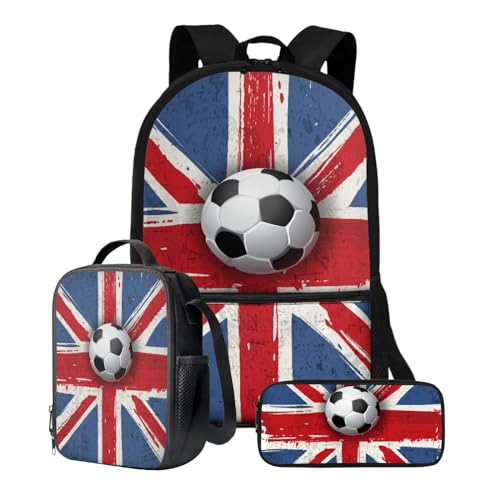 Xoenoiee Büchertasche + Lunchbox + Federmäppchen für Studenten, 43,2 cm, große Schultasche, Rucksack-Set für Jungen und Mädchen, 3-teilig, Fußball mit britischer Flagge von Xoenoiee