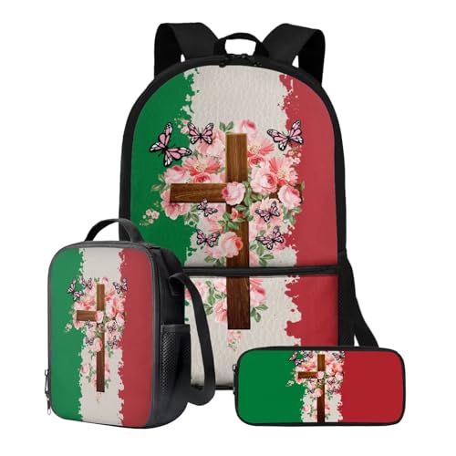 Xoenoiee Büchertasche + Lunchbox + Federmäppchen für Studenten, 43,2 cm, große Schultasche, Rucksack-Set für Jungen und Mädchen, 3-teilig, Italien Flagge Kreuz Schmetterling Rose von Xoenoiee