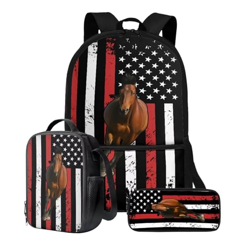 Xoenoiee Büchertasche + Lunchbox + Federmäppchen für Studenten, 43,2 cm, große Schultasche, Rucksack-Set für Jungen und Mädchen, 3-teilig, Pferd mit amerikanischer Flagge von Xoenoiee