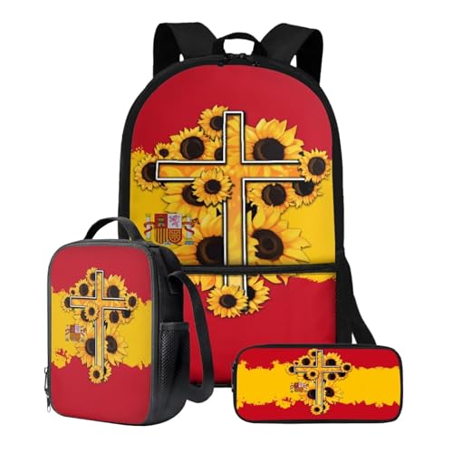 Xoenoiee Büchertasche + Lunchbox + Federmäppchen für Studenten, 43,2 cm, große Schultasche, Rucksack-Set für Jungen und Mädchen, 3-teilig, Spanien-Flagge, Sonnenblumenkreuz von Xoenoiee