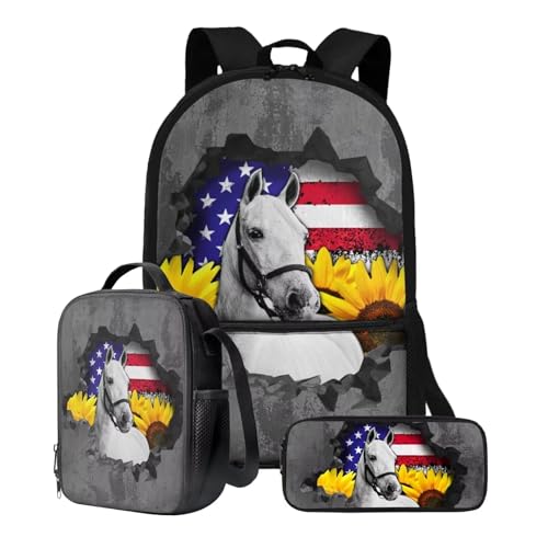 Xoenoiee Büchertasche + Lunchbox + Federmäppchen für Studenten, 43,2 cm, große Schultasche, Rucksack-Set für Jungen und Mädchen, 3-teilig, US-Flagge mit Pferde-Sonnenblume von Xoenoiee