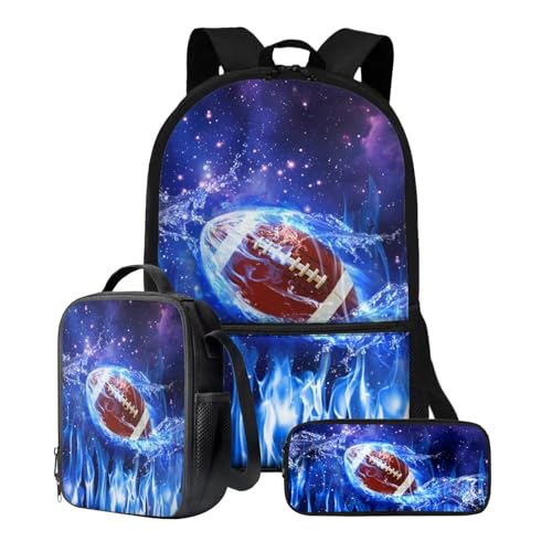 Xoenoiee Büchertasche + Lunchbox + Federmäppchen für Studenten, 43,2 cm, große Schultasche, Rucksack-Set für Jungen und Mädchen, 3-teilig, Wasserspritzer American Football von Xoenoiee