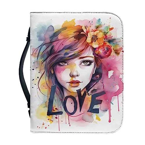 Xoenoiee Bunte Tinte Mädchen Gesicht Blumendruck Bibelhüllen für Frauen Bibelhülle mit Griff und Reißverschluss Bibeltasche für Männer Bibeltasche, 2XL von Xoenoiee