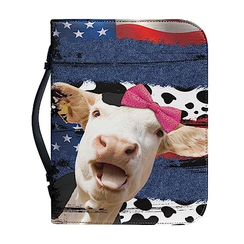 Xoenoiee Cow Spot Denim US-Flagge Print Bibelhülle mit Griffen Reißverschluss Bibeltragetasche für Frauen Männer Bibel Tragetasche für Kinder Bibelbuchhülle Bibelzubehör, M von Xoenoiee