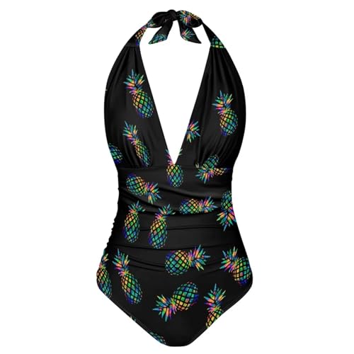 Xoenoiee Damen-Badeanzug mit V-Ausschnitt, gerüscht, Bauchkontrolle, Strand-Bademode, Größe S-3XL, Ananas-Schwarz, XL von Xoenoiee