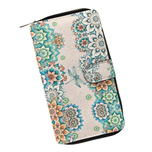 Xoenoiee Damen-Geldbörse mit Schnappverschluss, PU-Leder, Münzgeldbörse, Reißverschluss, Faltbörse, Kreditkarten-Organizer, lange Clutch, Boho Mandala Libelle, Einheitsgröße von Xoenoiee