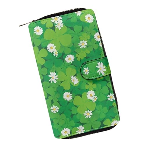 Xoenoiee Damen-Geldbörse mit Schnappverschluss, PU-Leder, Münzgeldbörse, Reißverschluss, Faltbörse, Kreditkarten-Organizer, lange Clutch, Kleeblatt Gänseblümchen Floral, Einheitsgröße von Xoenoiee