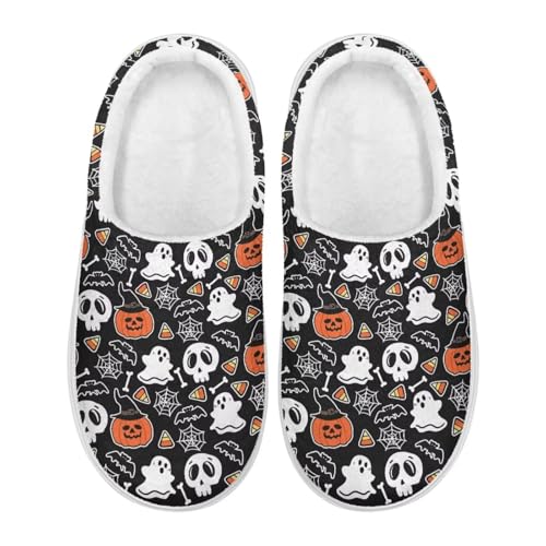 Xoenoiee Damen-Hausschuhe, flauschig, für Herren, für drinnen und draußen, rutschfest, warm, Geist Fledermaus Kürbis Spinnennetz Halloween, 35.5/39 EU von Xoenoiee
