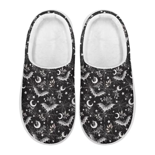Xoenoiee Damen-Hausschuhe, flauschig, für Herren, für drinnen und draußen, rutschfest, warm, Halloween Fledermäuse Spinnennetz Mond, 38/41 EU von Xoenoiee