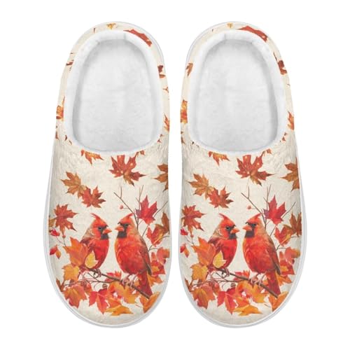 Xoenoiee Damen-Hausschuhe, flauschig, für Herren, für drinnen und draußen, rutschfest, warm, Herbst-Ahornblatt-Kardinalvögel, 35.5/39 EU von Xoenoiee