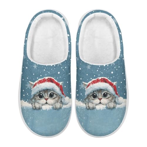 Xoenoiee Damen-Hausschuhe, flauschig, für Herren, für drinnen und draußen, rutschfest, warm, Niedliche Katze Schnee Weihnachten, 9/10 UK Men/ 11/12 UK Women von Xoenoiee