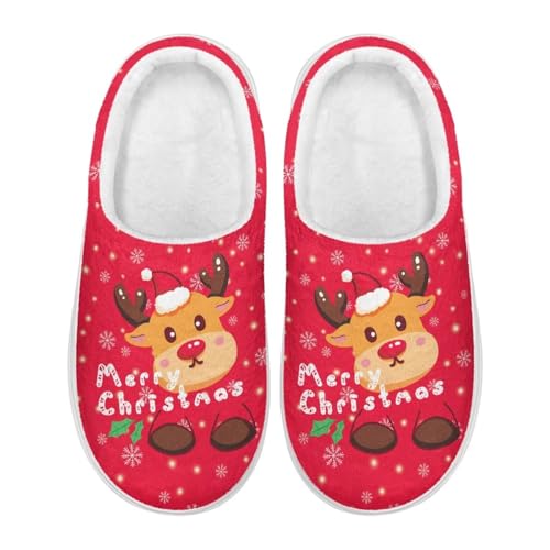 Xoenoiee Damen-Hausschuhe, flauschig, für Herren, für drinnen und draußen, rutschfest, warm, Niedliches Rentier, rotes Weihnachten, 35.5/39 EU von Xoenoiee