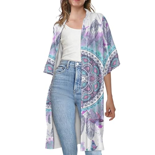 Xoenoiee Damen Strand Cover Up Kurzarm Badeanzug Kimono S-6XL Offene Strickjacke Sommer Bademode Cover Up Freizeitkleidung, Boho-Mandala-Feder, 6X-Large von Xoenoiee