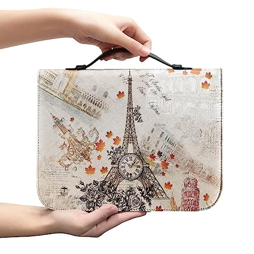 Xoenoiee Eiffelturm Floral Maple Leaf Print Bibelhülle mit Griffen Reißverschluss Bibeltragetasche für Damen Herren Bibeltasche Tasche für Kinder Bibelbuchhülle Bibelzubehör, L von Xoenoiee