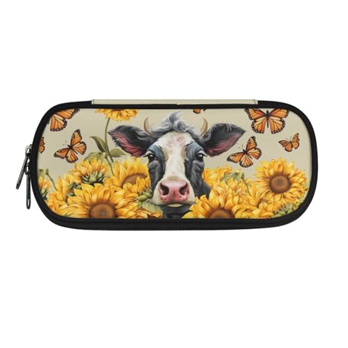 Xoenoiee Federmäppchen, großes Fassungsvermögen, Federmäppchen für Kinder, Studenten, Unisex, Stiftetasche, langlebig, Schreibwaren-Organizer für die Schule, Schmetterling, Kuh, lebendige Sonnenblume, von Xoenoiee