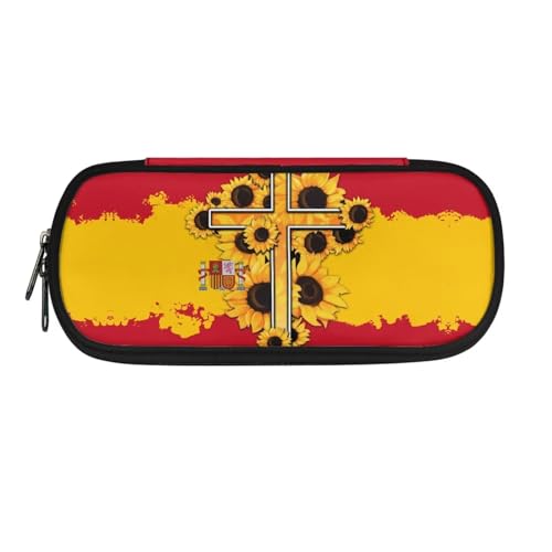 Xoenoiee Federmäppchen, großes Fassungsvermögen, Federmäppchen für Kinder, Studenten, Unisex, Stiftetasche, langlebig, Schreibwaren-Organizer für die Schule, Spanien-Flagge, Sonnenblumenkreuz, von Xoenoiee