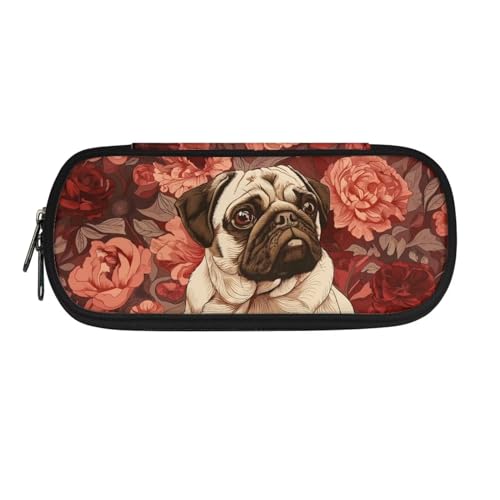 Xoenoiee Federmäppchen, großes Federmäppchen für Kinder, leichtes Federmäppchen für Mädchen, Jungen, Studenten, Vintage Rose Floral Mops Hund, Einheitsgröße, Taschen-Organizer von Xoenoiee