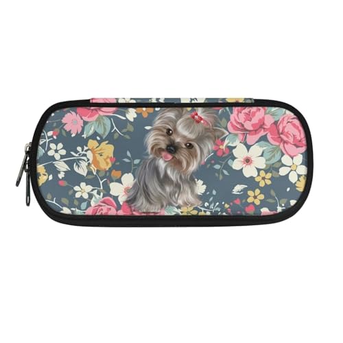 Xoenoiee Federmäppchen für Jungen, Mädchen, Kinder, Studenten, großes Federmäppchen für Schulbedarf, Yorkshire Terrier Floral, Einheitsgröße, Taschen-Organizer von Xoenoiee