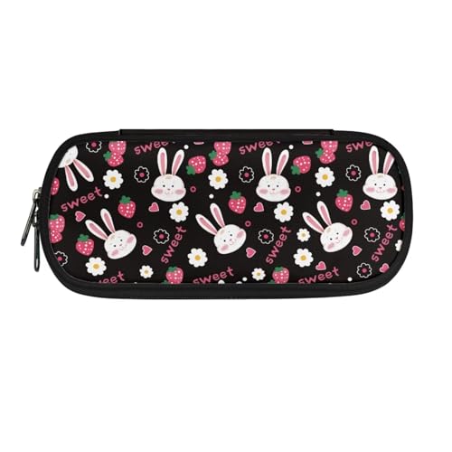 Xoenoiee Federmäppchen für Jungen und Mädchen, großes Federmäppchen für die Schule, einfache Stiftetasche, Schreibwaren-Tasche, Hase, Blumenmuster, Erdbeere, Schwarz, Einheitsgröße, Taschen-Organizer von Xoenoiee