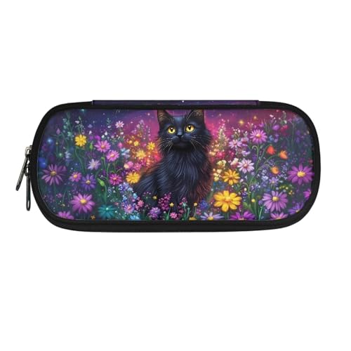 Xoenoiee Federmäppchen für Jungen und Mädchen, großes Federmäppchen für die Schule, einfache Stiftetasche, Schreibwaren-Tasche, Schwarze Katze, bunte Gänseblümchen, Einheitsgröße, Taschen-Organizer von Xoenoiee