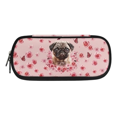 Xoenoiee Federmäppchen mit großem Fassungsvermögen, Federmäppchen für Schüler, langlebig, für Jungen und Mädchen, Stiftetasche, Schulbedarf, Mops, Hund, rosa Schmetterling, Blumenmuster, von Xoenoiee