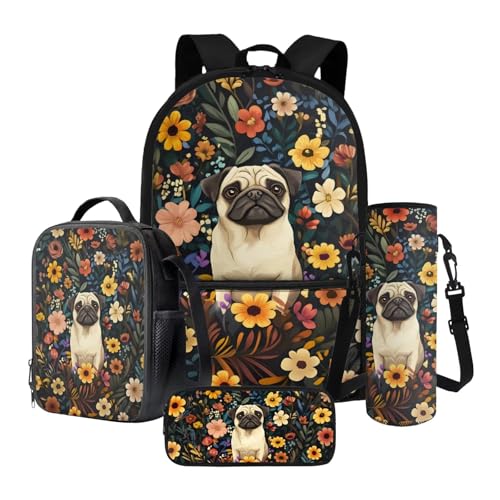 Xoenoiee Großer Rucksack, Thermo-Lunch-Tasche, Stifteetui und Wasserflaschenhalter, 4-teiliges Set für Kinder, Schultaschen-Set, Katzen- und Hunde-Muster, Mops, Hund, Boho, Blumenmuster, Einheitsgröße Xoenoiee Großer Rucksack, Thermo-Lunch-Tasche, Stifteetui und Wasserflaschenhalter, 4-teiliges Set für Kinder, Schultaschen-Set, Katzen- und Hunde-Muster, Mops, Hund, Boho, Blumenmuster, Einheitsgröße von Xoenoiee