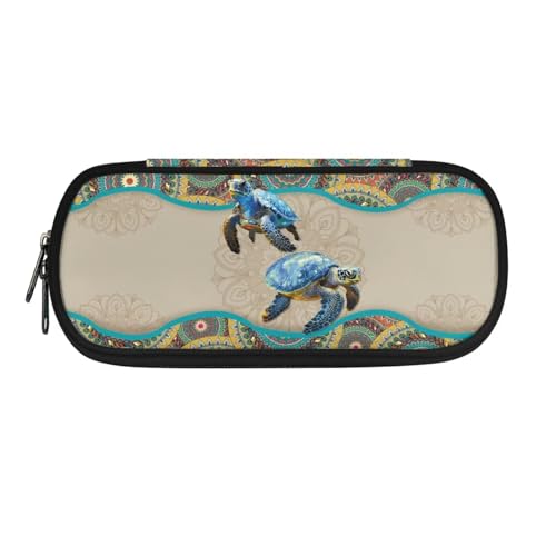 Xoenoiee Großes Federmäppchen mit Reißverschluss für Schüler, Stiftetasche für Schüler und Erwachsene, Schulbedarf, Blaue Schildkröte, Boho-Mandala, Einheitsgröße, Taschen-Organizer von Xoenoiee