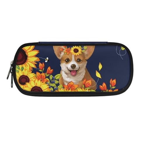 Xoenoiee Großes Federmäppchen mit Reißverschluss für Schüler, Stiftetasche für Schüler und Erwachsene, Schulbedarf, Corgi Dog Sunflower Blue, Einheitsgröße, Taschen-Organizer von Xoenoiee