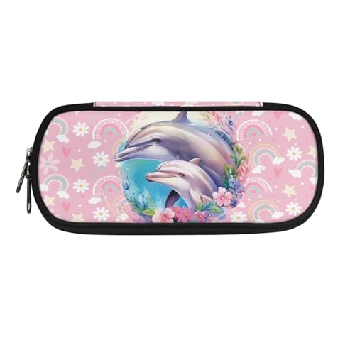 Xoenoiee Großes Federmäppchen mit Reißverschluss für Schüler, Stiftetasche für Schüler und Erwachsene, Schulbedarf, Delfin, Blumenmuster, Rosa, Einheitsgröße, Taschen-Organizer von Xoenoiee