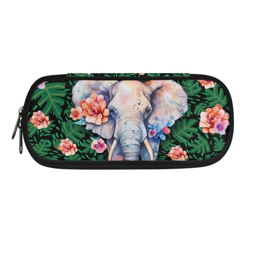 Xoenoiee Großes Federmäppchen mit Reißverschluss für Schüler, Stiftetasche für Schüler und Erwachsene, Schulbedarf, Elefant, Blumenmuster, grünes Blatt, Einheitsgröße, Taschen-Organizer von Xoenoiee