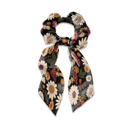 Xoenoiee Haargummis im Retro-Pilz-Design mit Gänseblümchen-Blumendruck, Satin-Schleife, dickes Haar, Hasenohr-Haargummis, elastisch, Massen-Haarschmuck für Mädchen, 3 Stück von Xoenoiee