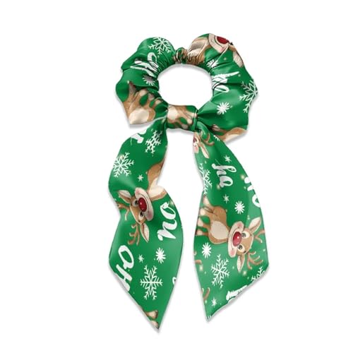 Xoenoiee Haargummis mit Hirschschschneeflocke, grünes Weihnachtsmuster, Satin-Haargummis mit Schleife, weiche Hasenohr-Haarbänder, elastische Haar-Accessoires für Frauen und Mädchen, 3 Stück von Xoenoiee
