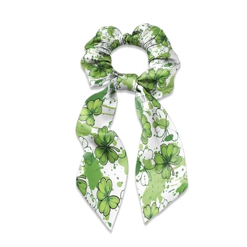 Xoenoiee Haargummis mit Kleeblatt-Muster, Satin-Haargummis mit Schleife, St. Patrick's Day, weiche Hasenohr-Haarbänder, elastisch, Haarschmuck für Frauen und Mädchen, 1 Packung von Xoenoiee