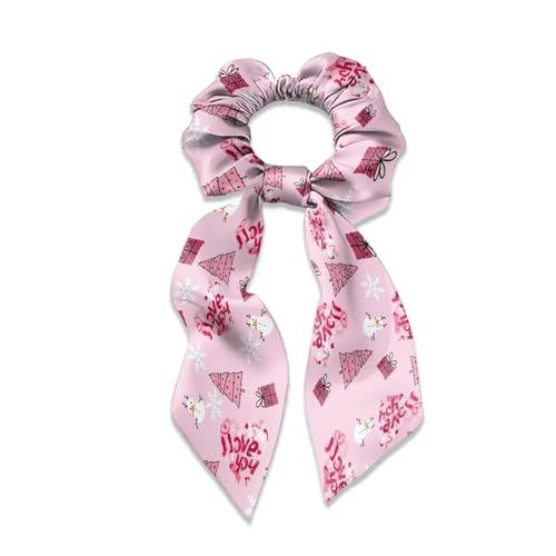 Xoenoiee Haargummis mit Schneemann-Weihnachtsbaum, rosa Muster, Satin-Haargummis mit Schleife, weiche Hasenohr-Haarbänder, elastische Haar-Accessoires für Frauen und Mädchen, 2 Stück von Xoenoiee