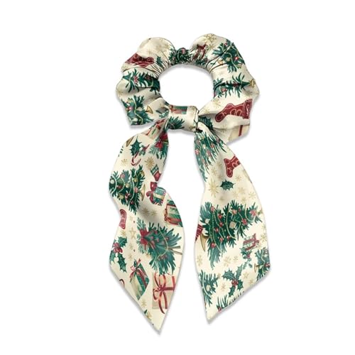 Xoenoiee Haargummis mit Weihnachtsbäumen-Aufdruck, Satin-Haargummis mit Schleife, weiche Hasenohr-Haarbänder, elastische Haar-Accessoires für Frauen und Mädchen, 3 Stück von Xoenoiee
