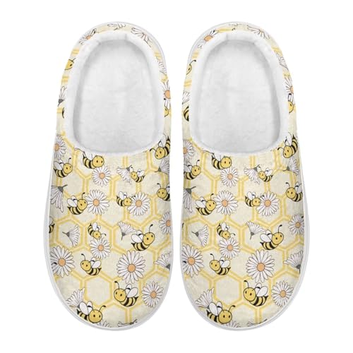 Xoenoiee Hausschuhe für Damen, warm, bequem, mit rutschfester Gummisohle, für drinnen und draußen, flauschige Hausschuhe, Bee Daisy Honeycomb, 40/43 EU von Xoenoiee