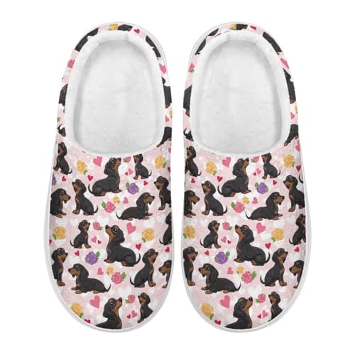 Xoenoiee Hausschuhe für Damen, warm, bequem, mit rutschfester Gummisohle, für drinnen und draußen, flauschige Hausschuhe, Dackel Hund Herz Rose, 1/2 UK Men/ 3/4 UK Women von Xoenoiee