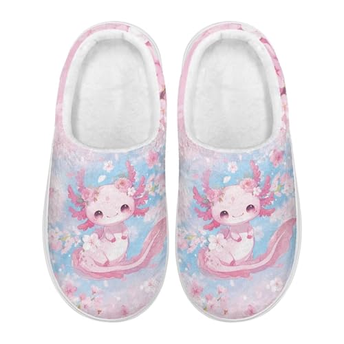 Xoenoiee Hausschuhe für Damen, warm, bequem, mit rutschfester Gummisohle, für drinnen und draußen, flauschige Hausschuhe, Rosa Axolotl Floral, 9/10 UK Men/ 11/12 UK Women von Xoenoiee