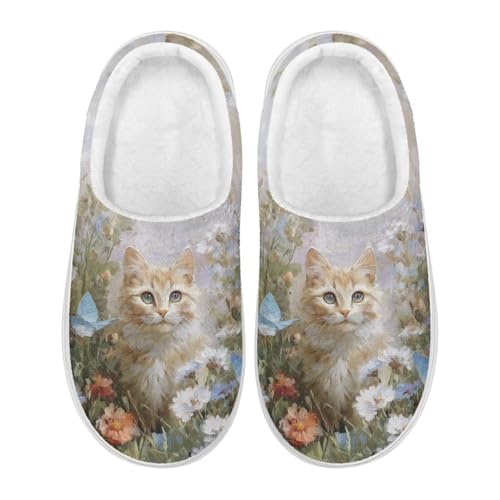 Xoenoiee Hausschuhe für Damen und Herren, bequem, flauschiges Futter, rutschfest, für drinnen und draußen, Katze, Schmetterling, Gänseblümchen, Blumen, 38/41 EU von Xoenoiee