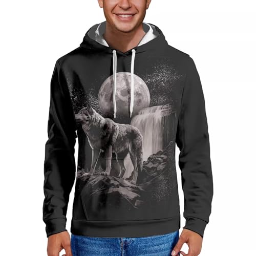 Xoenoiee Herren Hoodies Weiches Sweatshirt mit Tasche Loose Fit Herbst Winter Kapuzenshirts für Alltag, Sport, Wolf Wasserfälle, 5X-Large von Xoenoiee