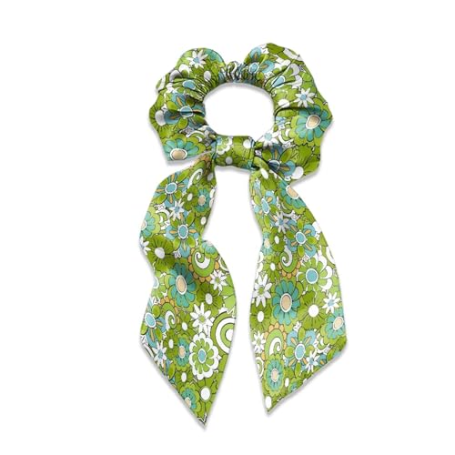 Xoenoiee Hippie Blumen Grünes Muster Schleife Haargummis für Frauen Satin Schleife Haargummi Dickes Haar Bunny Ohr Scrunchies Elastische Bulk Haarschmuck für Mädchen 2 Pack von Xoenoiee