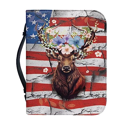 Xoenoiee Hirsch Floral Broken US-Flagge Muster Bibelhülle für Frauen Bibelhüllen für Männer Bibeltaschen Bibeltragetasche Bibelzubehör mit Stiftfächern und Tasche, 2XL von Xoenoiee