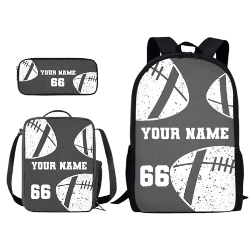 Xoenoiee Individuelles Rucksack-Set, 3-teilig, Schultasche, Lunchtasche, Federmäppchen für Jungen und Mädchen, gestalten Sie Ihren Namen und Ihre Nummer, American Football, Einheitsgröße von Xoenoiee