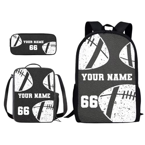 Xoenoiee Individuelles Rucksack-Set, 3-teilig, Schultasche, Lunchtasche, Federmäppchen für Jungen und Mädchen, gestalten Sie Ihren Namen und Ihre Nummer, American Football, Schwarz, Einheitsgröße von Xoenoiee