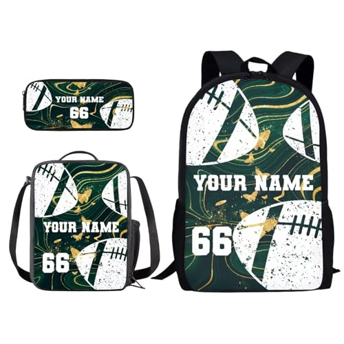 Xoenoiee Individuelles Rucksack-Set, 3-teilig, Schultasche, Lunchtasche, Federmäppchen für Jungen und Mädchen, gestalten Sie Ihren Namen und Ihre Nummer, American Football Butterfly Marble, von Xoenoiee