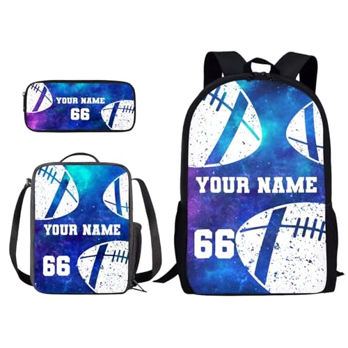 Xoenoiee Individuelles Rucksack-Set, 3-teilig, Schultasche, Lunchtasche, Federmäppchen für Jungen und Mädchen, gestalten Sie Ihren Namen und Ihre Nummer, American Football Galaxy, Einheitsgröße von Xoenoiee